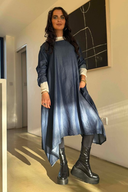 Chambray Dip Side Trapeze Dress /24=